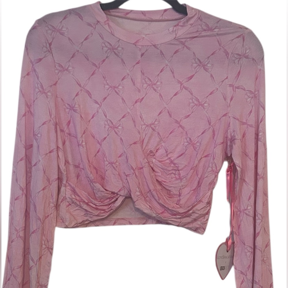 LoveShackFancy Beach Riot Long Sleeve Pastel Pink Ribbons & Bows Crop Top